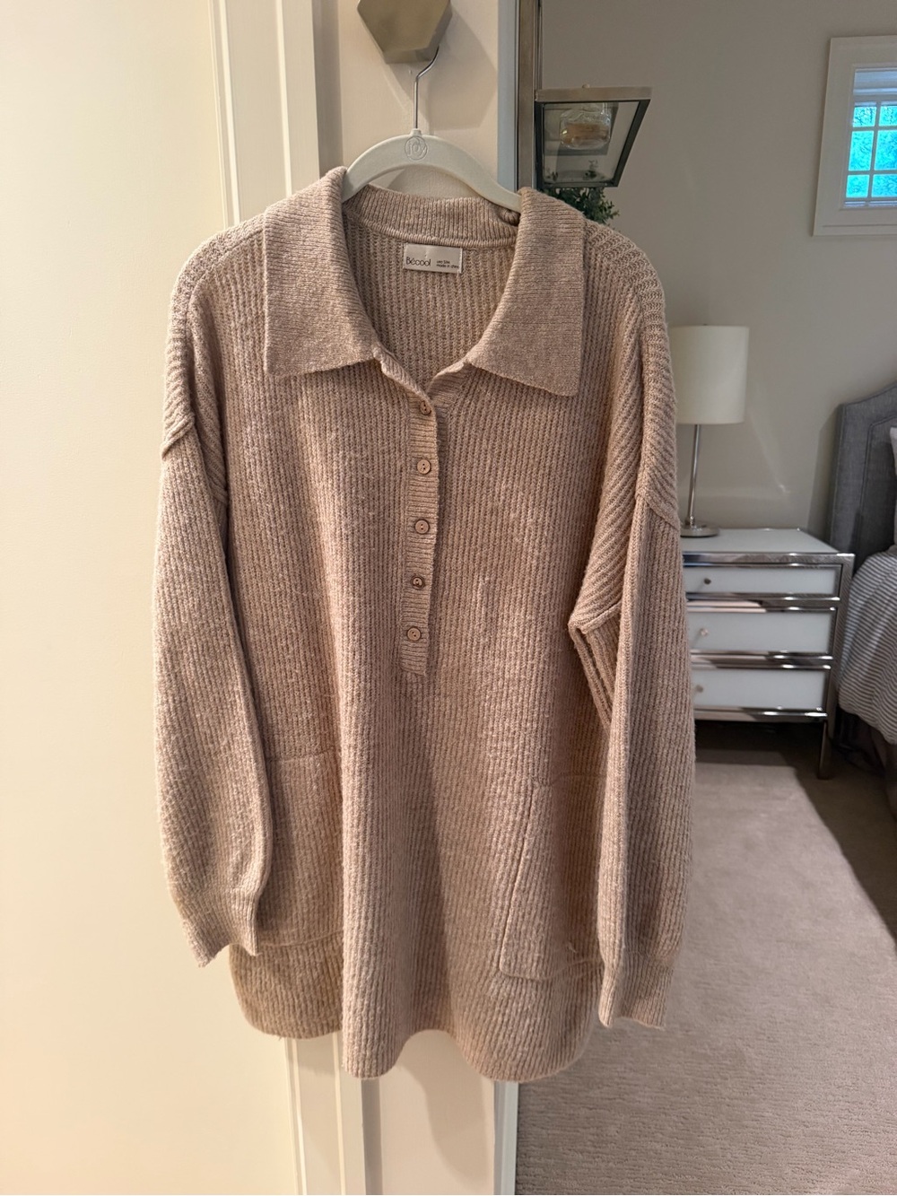 Oversized Polo-Collar Button Knit Sweater in Light Beige